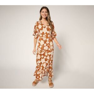 Peace Love World Rust & Cream Floral Ruffle-Hem Maxi Dress